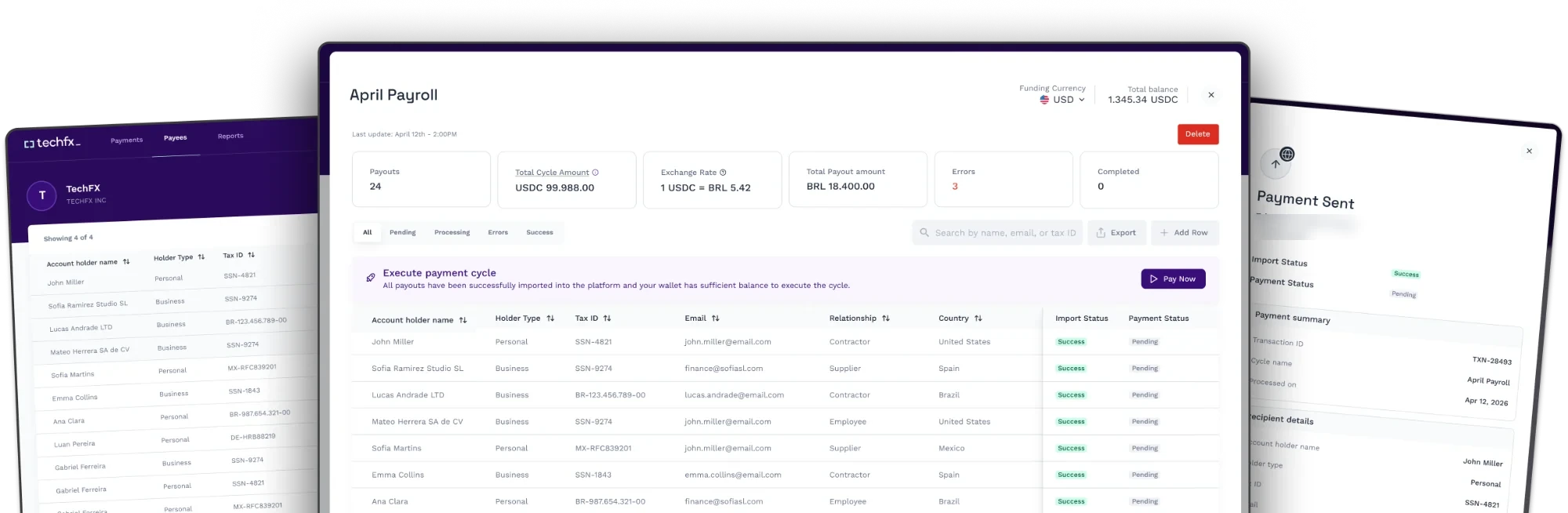 TechFX Payroll platform screens